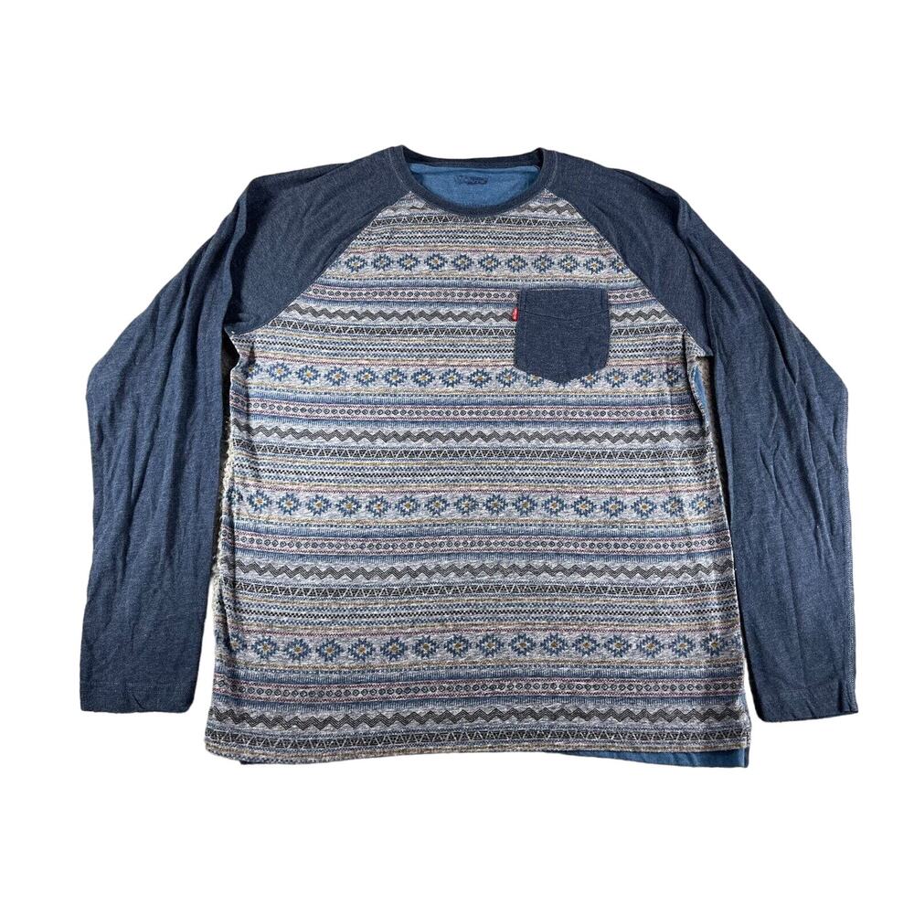 Levis Shirt Mens Large Blue Long Sleeve Crew Neck Patterned Soft Fit Pocket